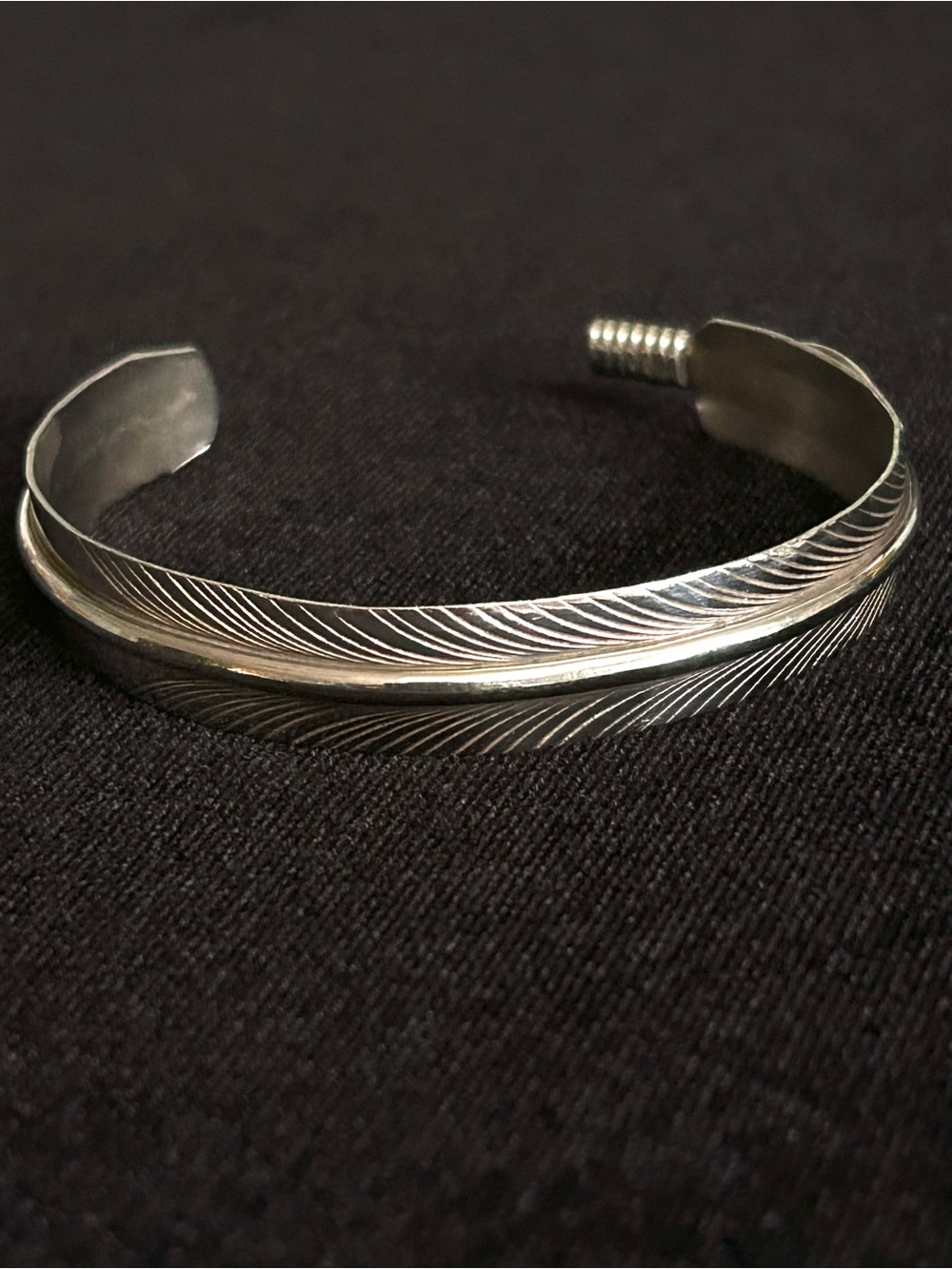 Native American Sterling Silver Feather-Detail Cuff Bracelet, Signed